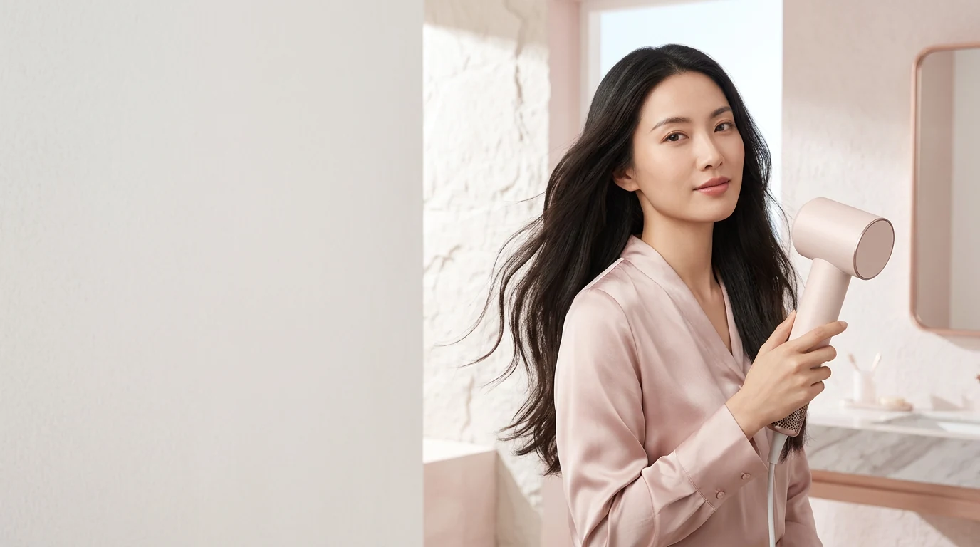 Woman using the blush KIKKO High-Speed Hair Dryer to blow-dry her long dark hair