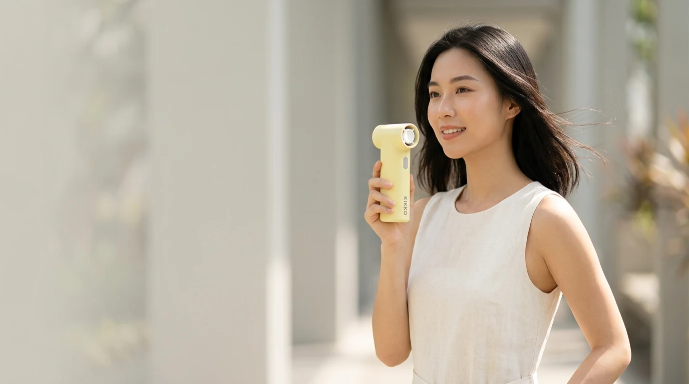 Woman using the butter-yellow KIKKO Super Mini Turbo Fan to stay cool on a sunny day in Singapore