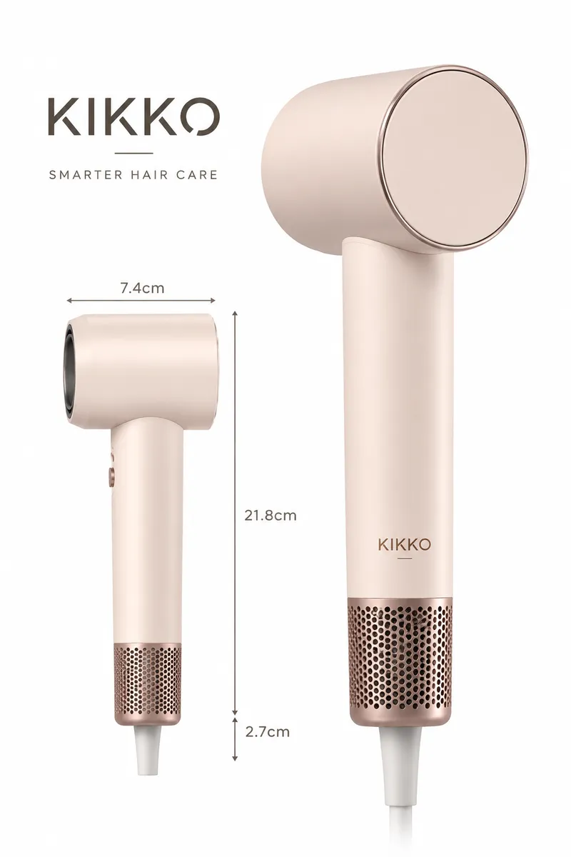 KIKKO G10 hair dryer dimensions: 7.4 cm wide and 21.8 cm tall