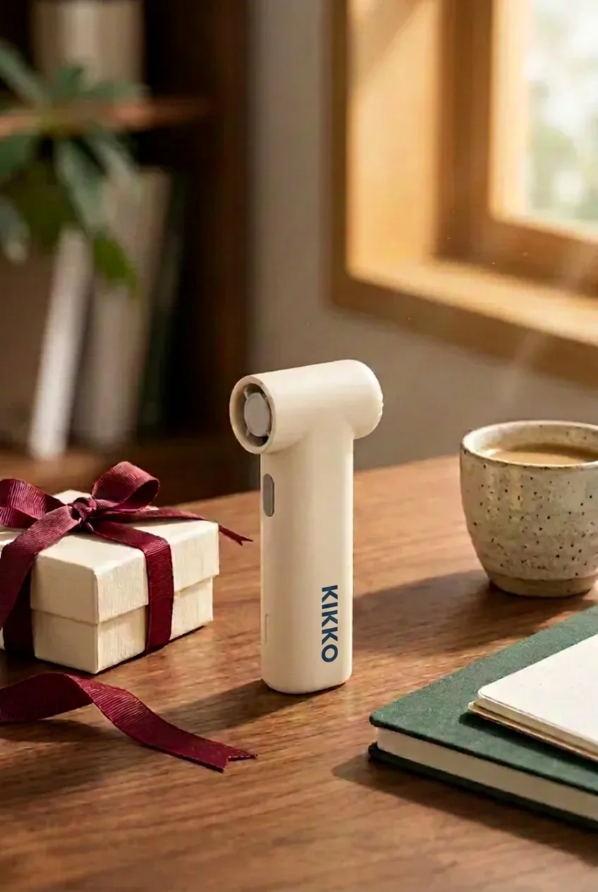 The KIKKO Super Mini Turbo Fan — a gift that gets used every day. KIKKO Portable Fan beside a ribboned gift box on a desk, a practical corporate gift for Singapore teams and clients